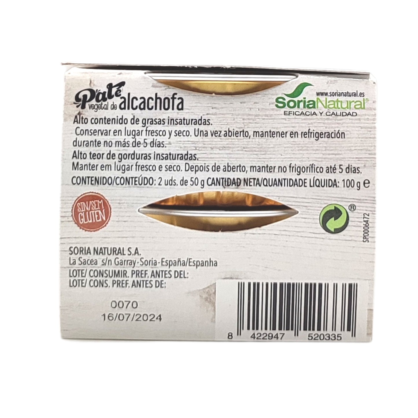 Paté vegetal de alcachofa - 100 g - Soria Natural