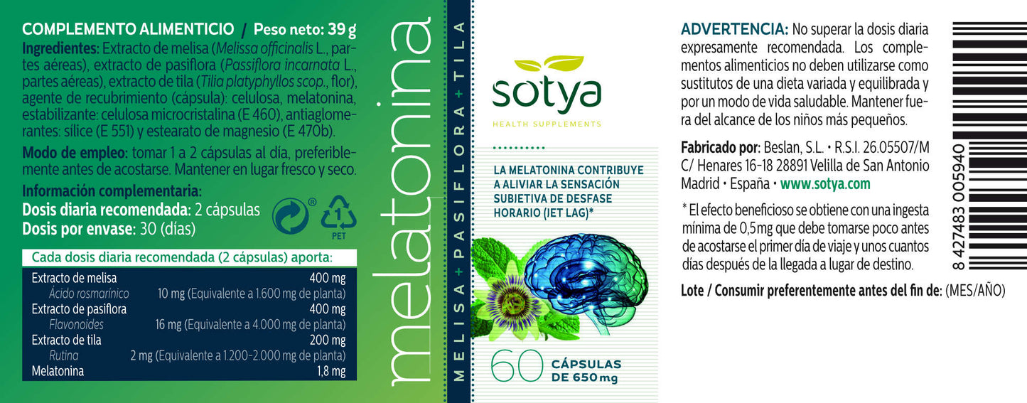 Melatonina con melisa + pasiflora + tila - Sotya - 60 cápsulas